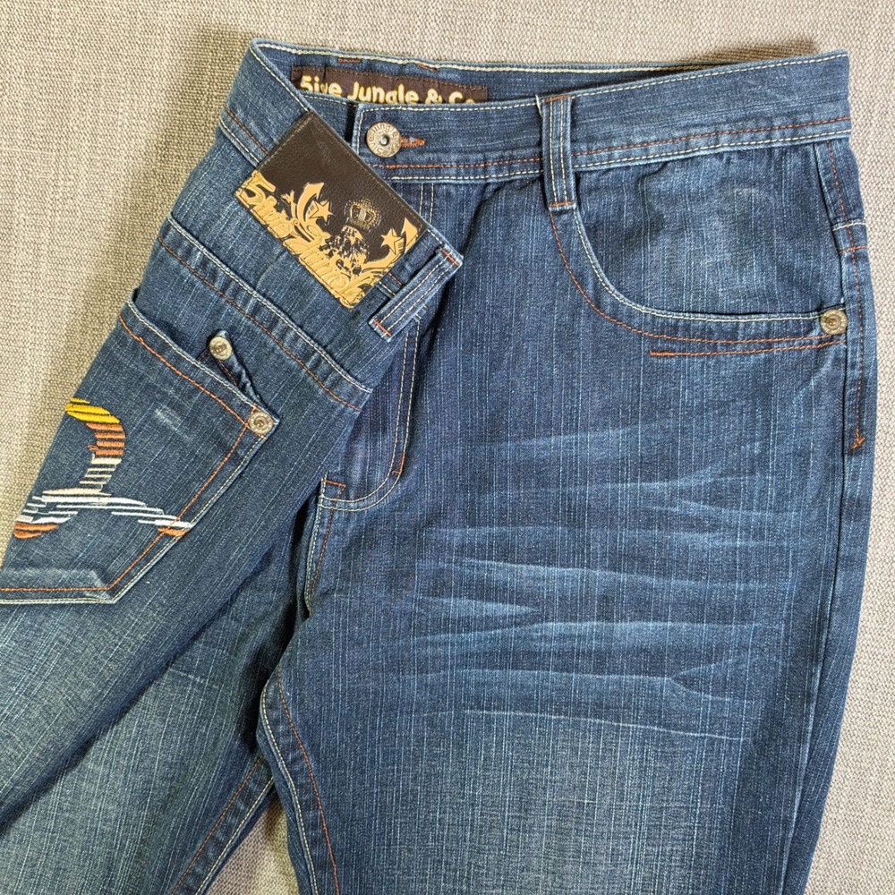 5ive Jungle Jeans Men 42/32 Blue Embroidered Back Pocket Straight Leg Denim